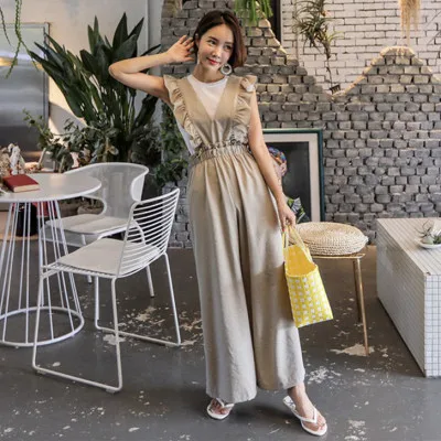 

Korean Summer 2020 Cotton And Linen Loose Jumpsuits Women Wide Leg Pants Fungus Elegant Jumpsuit High Waist Overalls