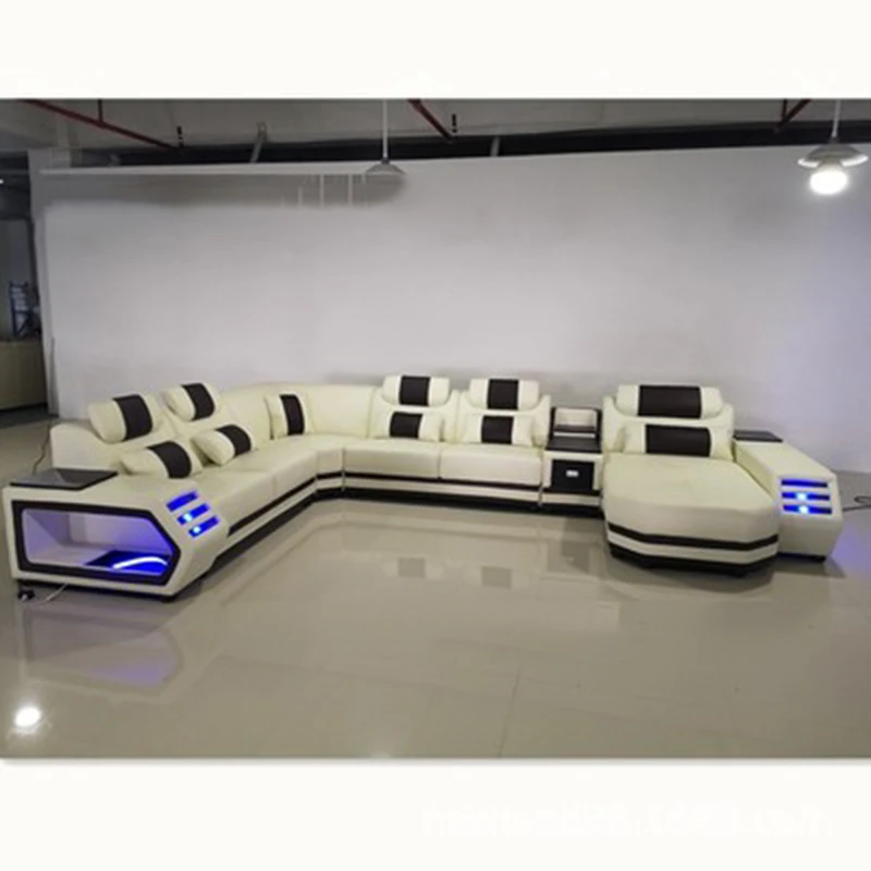 U-образный угловой диван для гостиной из натуральной кожи светодиодное освещение