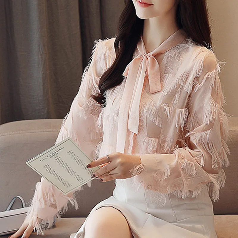 

2021 Autumn Fashion Women Chiffon Blouses Long Sleeve Bow Women Clothing Casual Pink And White Elegant Women Tops 5544 50
