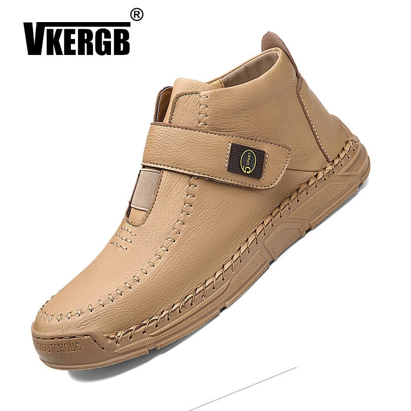 

Мужские кожаные ботильоны с ручной строчкой из микрофибры, Нескользящие, на липучке, повседневные Водонепроницаемые зимние мужские ботинк...