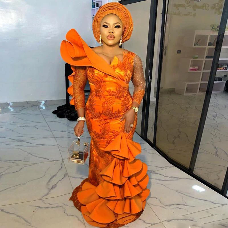 

Orange Mermaid Africa Prom Dresses with Long Sleeve Lace Appliques Beaded Evening Party Gown Ruffles Long Special Occasion Dress
