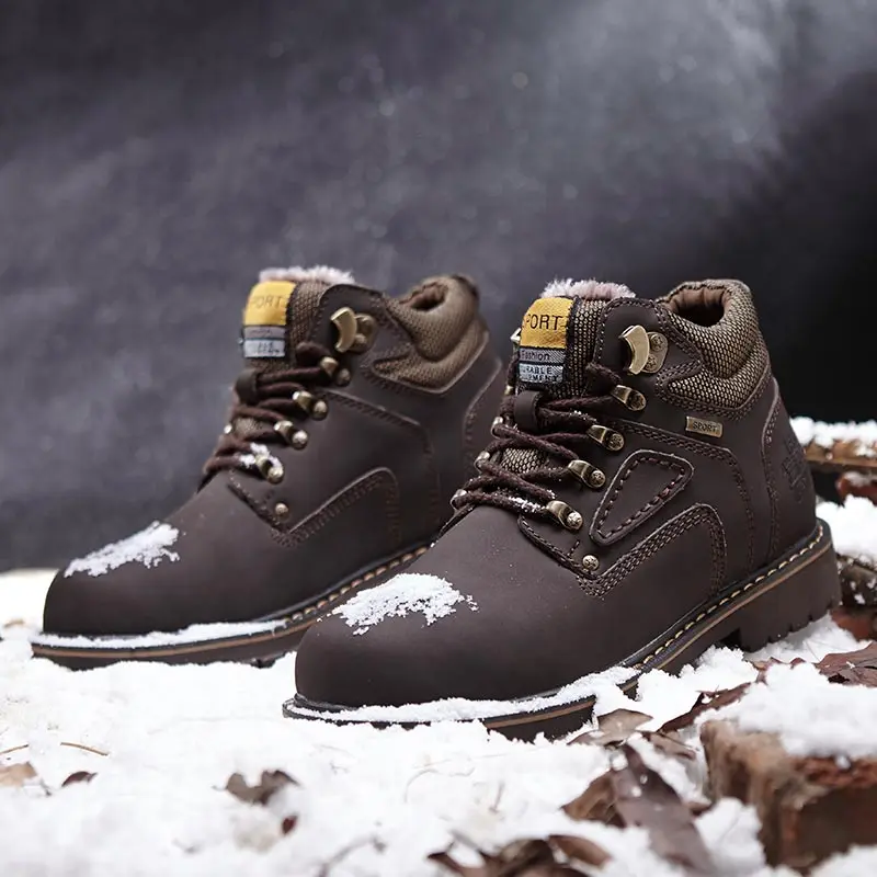 Модные кожаные ботильоны Мужская зимняя теплая плюшевая повседневная обувь в