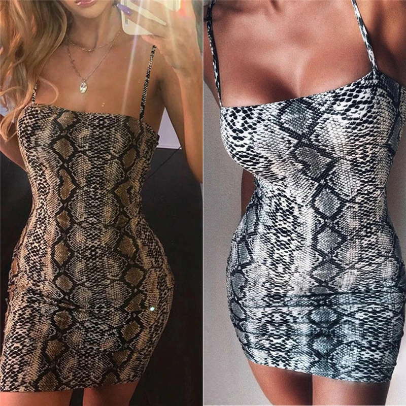 

Elegant Women's Bodycon Slim Pencil Dress Snake Skin Print Autumn Women Sexy Backless Low Cut Party Mini Dresses