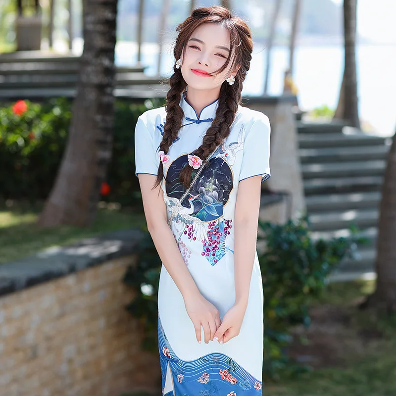 

Summer Sexy Rayon Slim Women Mini Qipao Vintage Silk Flower Crane Printed Oriental Female Cheongsam Chinese Formal Dress