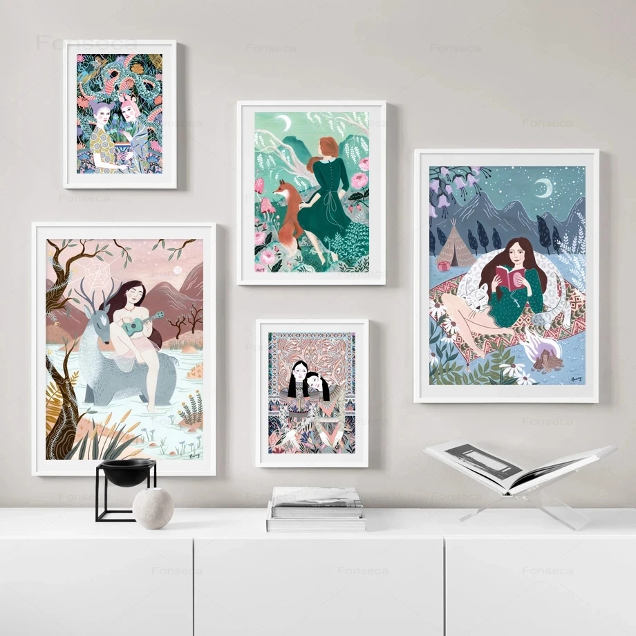 

Cartoon Girls with Fox Nordic Poster Fresh Snow Mountain Scenery Canvas Painings Modular Wall Art Pictures Home Decoration