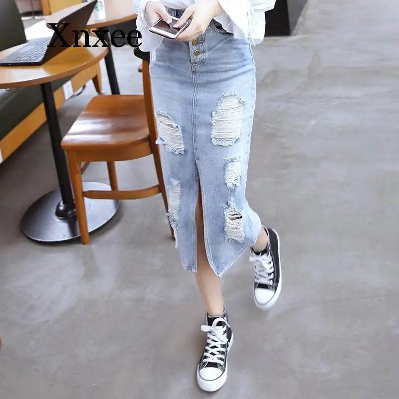 

Женская винтажная джинсовая юбка, элегантная облегающая однобортная длинная юбка с разрезом и высокой талией