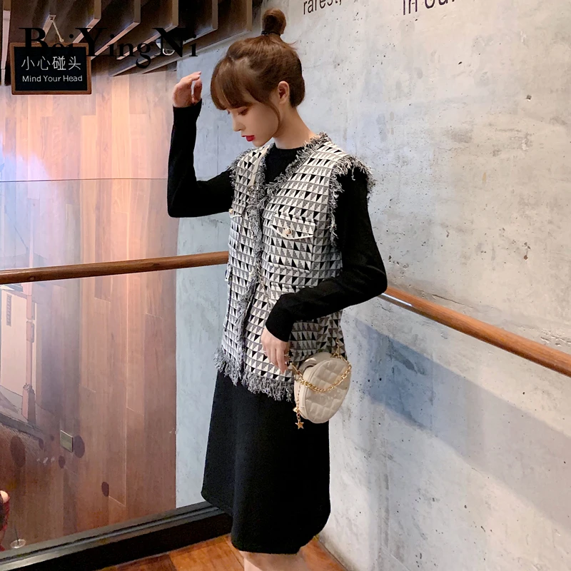 Beiyingni Plus Size Knit Dress Women Vintage Autumn Winter Vest Jacket Coats Slim Fashion Casual Two Piece Set Female Tops | Женская