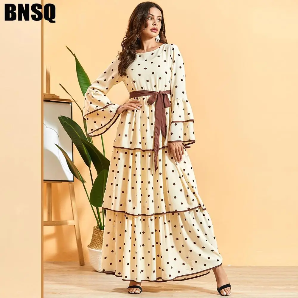 

Muslim Abaya Polka Dot Pleated Bohemian Maxi Dress Kimono Long Robe Gowns Middle East Eid Ramadan Islamic Vestidos Verano Mujer