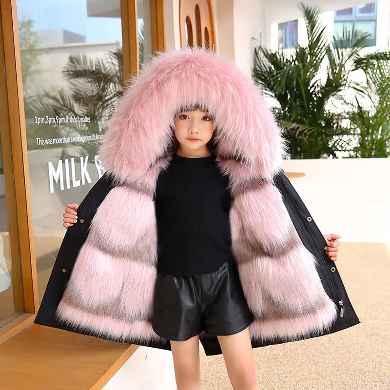 

Children Boys Girls Winter 2022 Faux Fur Hooded Cotton-padded Jackets Coats Kids Clothing Thick Long Parkas Warm Outerwear W98