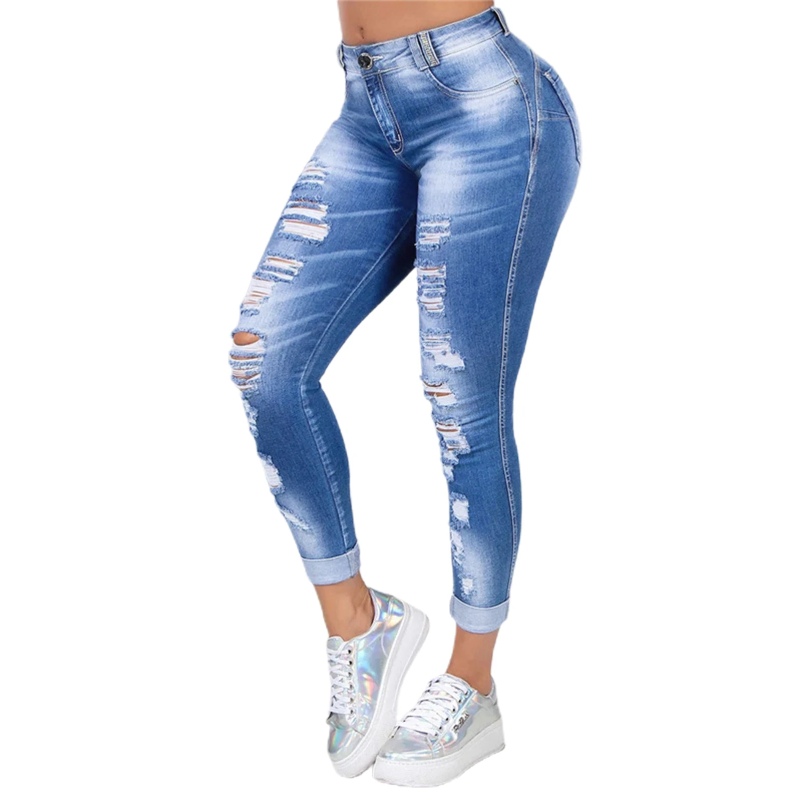 

Women Ripped High Waist Trousers Skinny Denim Jeans Hollow Bleached Long Pants