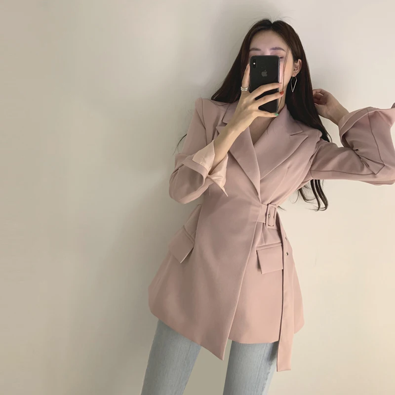 Женский приталенный Блейзер с поясом черный пиджак в стиле ретро верхняя одежда