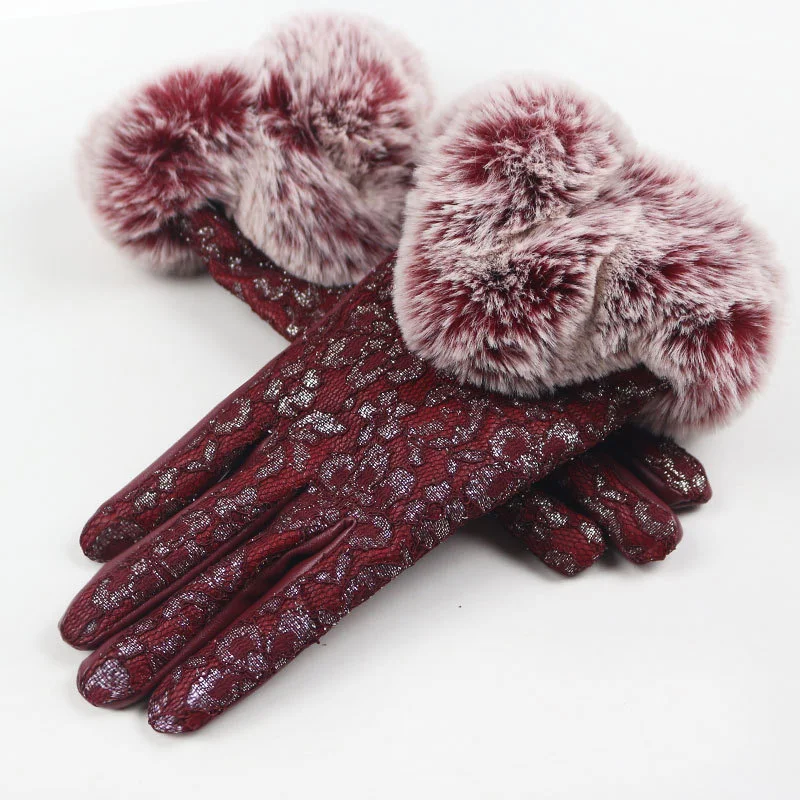 B Wine Red Зимние женские теплые варежки из искусственной кожи с плюшевым толстым сенсорным экраном, Непродуваемые водонепроницаемые спортивные велосипедные перчатки B57 - Цвет: B Wine Red