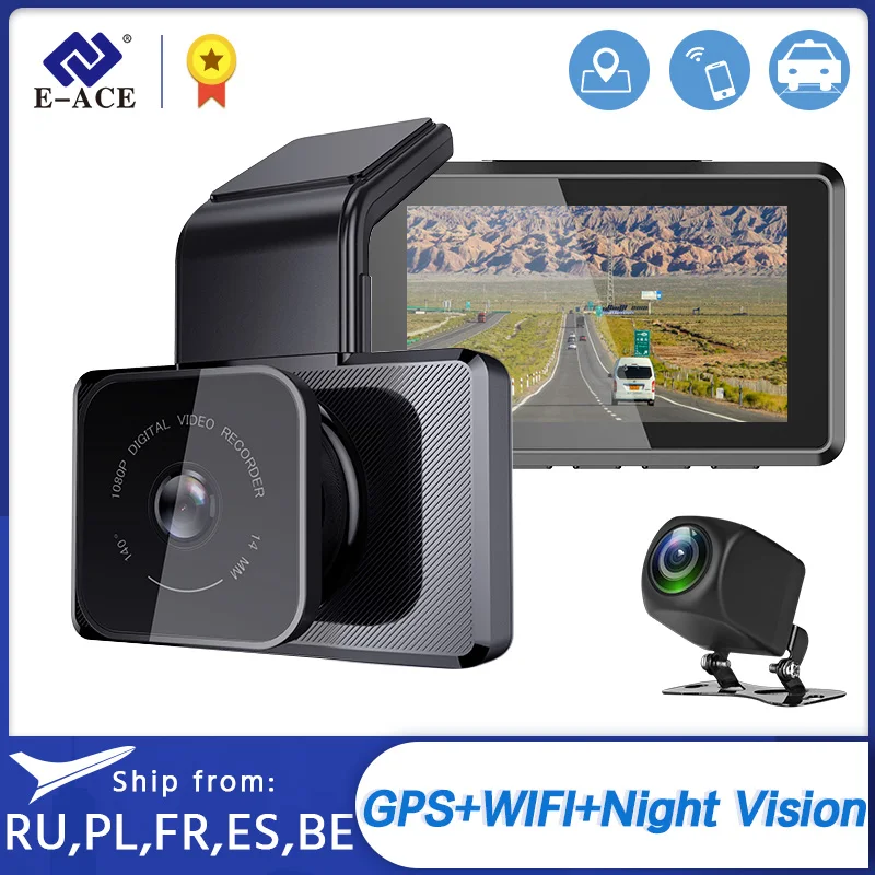 

Автомобильный видеорегистратор E-ACE B05P, мини-камера 3 дюйма, Wi-Fi, FHD 1080P, GPS, видеорегистратор с двойным объективом, камера заднего вида