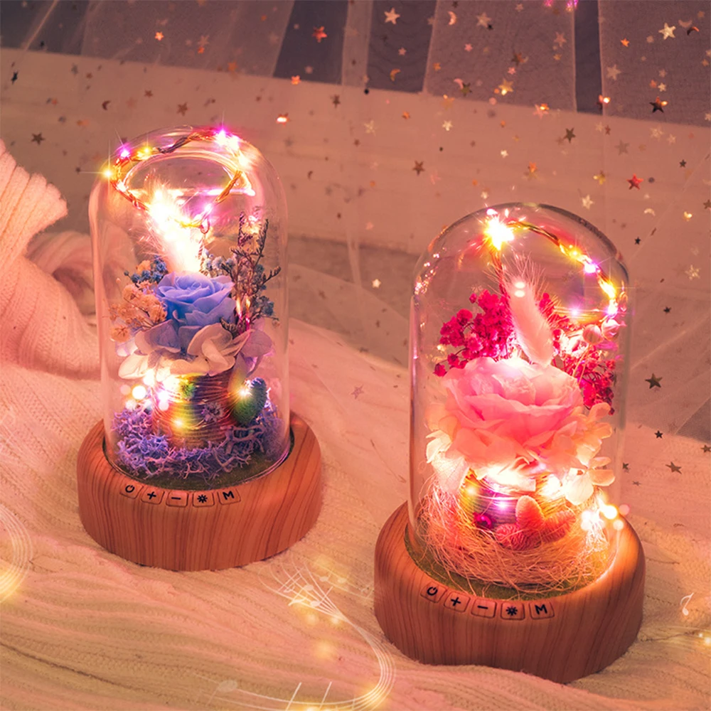 

Flower Lamp Rechargeable BT Speaker Music Player Wishing Bottle Preserved Rose in Glass Dome Nightlight Forever Flower