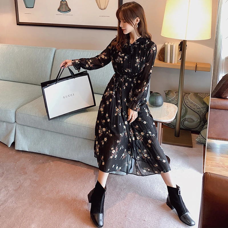 

Mazefeng Vintage Bow-neck Floral Print Female Dress Flare Sleeve Elastic Waist Chiffon A-line Women Dress 2020 Vestidos Femme