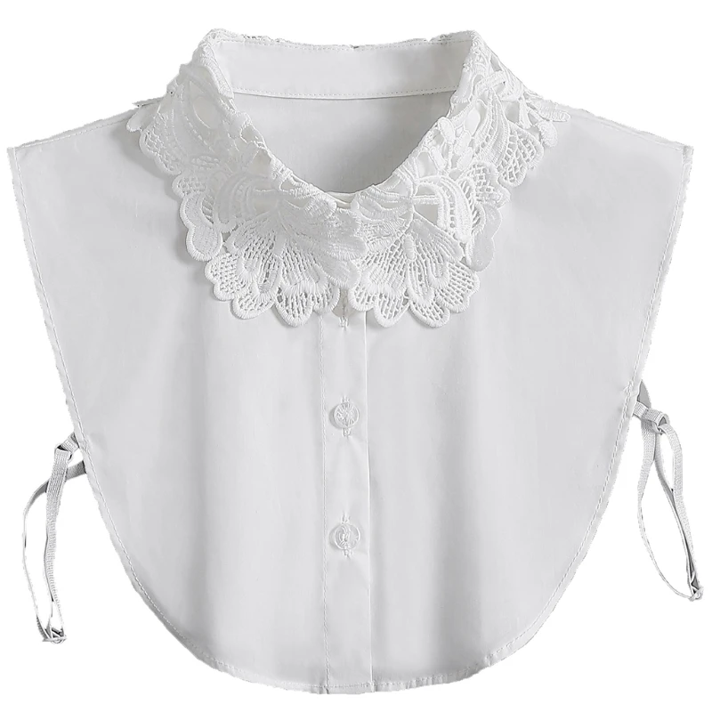 

Women Summer Hollow Lace False Collar Embroidery Floral Applique Lapel Half Shirt Sweater Detachable Dickey Button Down White