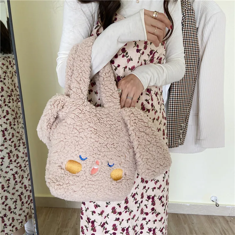 

Women's Bag 2021 New Shopper with Lamb Wool Cute Like Fabric Shoulder Bag Canvas Handbag Tote Bag For Girls Travel Casual Tote