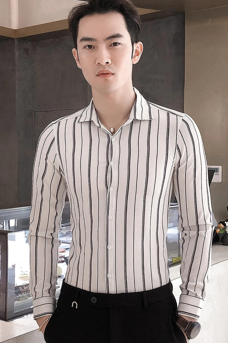 Мода 2019 Черная Мужская рубашка в полоску мужская высококачественные мужские