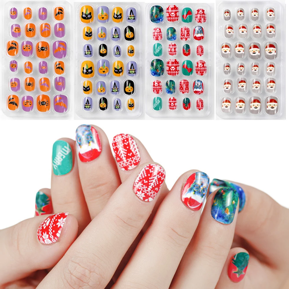 Накладные ногти для детей 24 шт. яркие Мультяшные накладные детские розовые