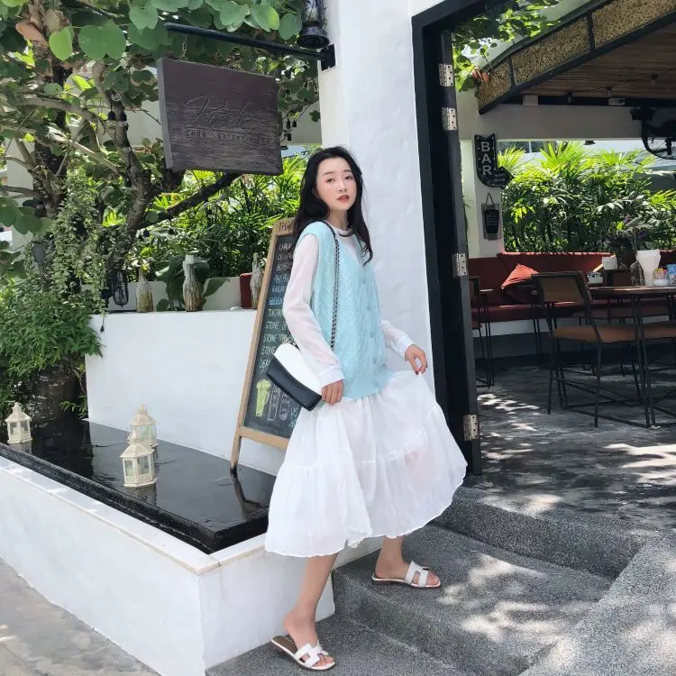 

Women 2021 Autumn New Fashion Two-piece Sets Female V-neck Knitted Vest Coats Ladies Solid Color Loose Chiffon Dress Suits D922
