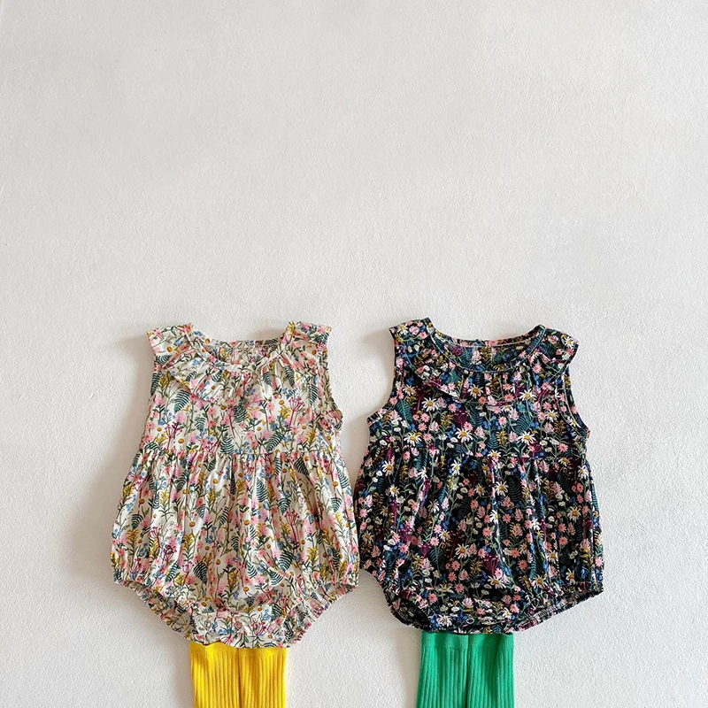 

Summer New Thin Infant Children Clothes Sweet Baby Girls Floral Sleeveless Lapel Romper Jumpsuit Romper
