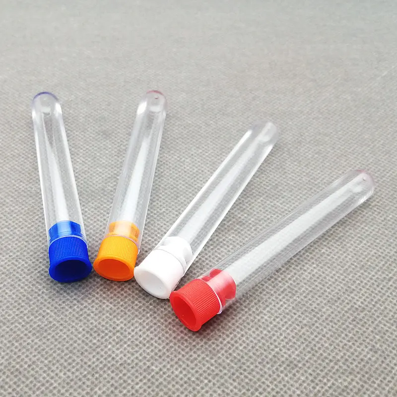 50pcs/lot 12x75mm Clear Plastic test tubes with plastic color stopper push cap Round bottom wedding gift vial