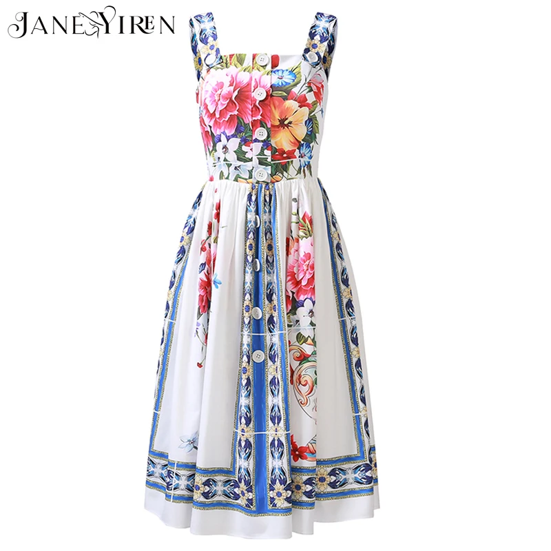 

Janeyiren Designer Runway Dress Summer Women Sling Spaghetti strap Vase Floral-Print Button Casual Holiday Elegant Beach Dress