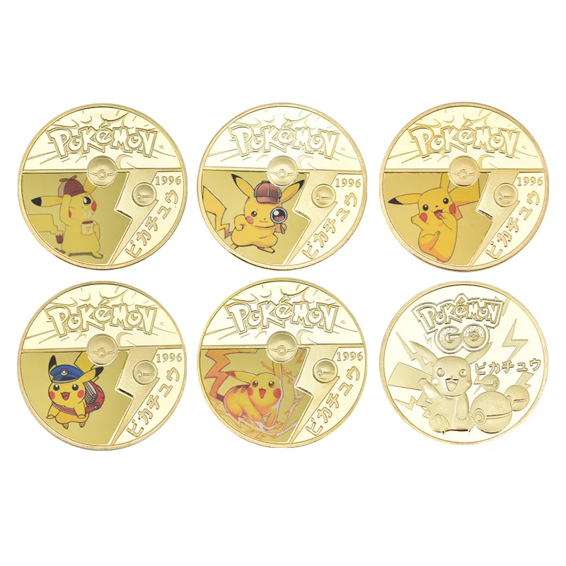 

Newest 5 Styles Pokemon Figure Kawaii Pikachu Commemorative Coin 4 CM Gold Coin Decration Cartoon Anime Collection Coin Gift Set