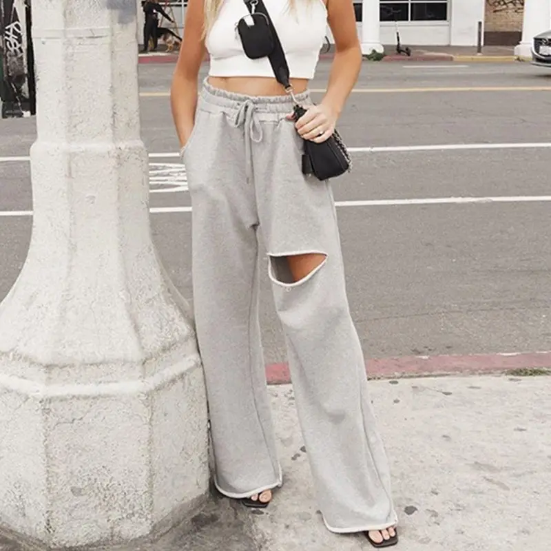 

Women High Waist Drawstring Baggy Straight Pants Solid Color Wide Leg Loose Trousers Ripped Hole Hip Hop Sweatpants Streetwear w