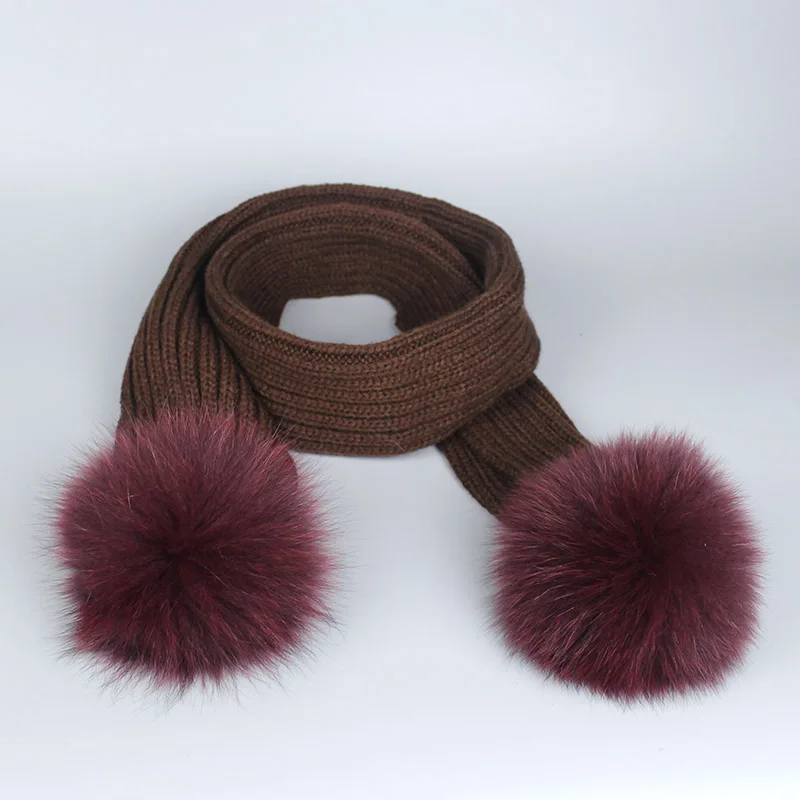 Coffee-Scarf Осень-зима, детский, взрослый, леди, помпон из лисьего меха, женская вязаная шапка, шапка, шарф, набор, детский, Soild, вязаный крючком, большой помпон, шапки, s - Цвет: Coffee-Scarf