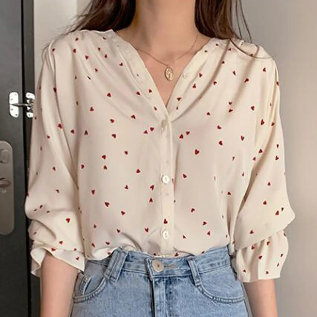 Новинка 2020 модная женская блузка с v-образным вырезом принтом в виде сердечек