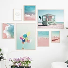 Настенная картина в скандинавском стиле, Настенная картина розового цвета с изображением пляжной хижины, воздушных шаров, для украшения дома