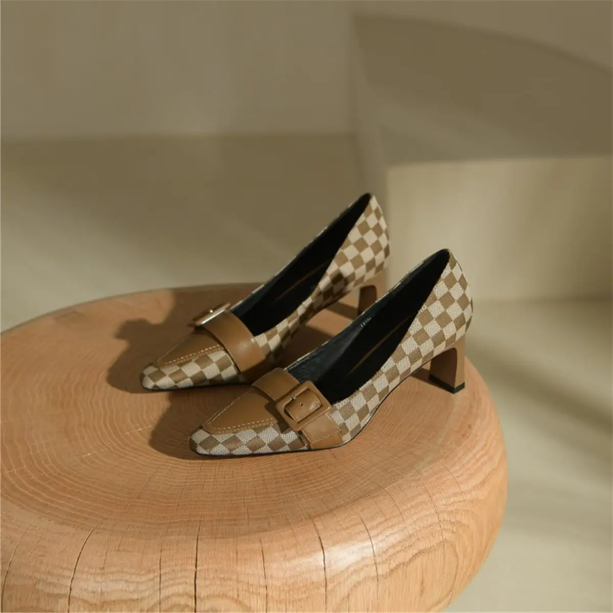 

kmeioo spring office ladies shoes retro pumps shallow gingham high heels slip-on stiletto sheepskin shoes for women career