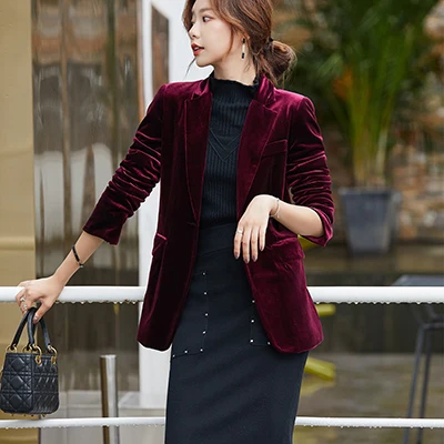 Red Blazer Высококачественный Женский бархатный пиджак и куртки, плотная ткань для осени и зимы, верхняя одежда, куртка, пальто, красный, синий, серый - Цвет: Red Blazer