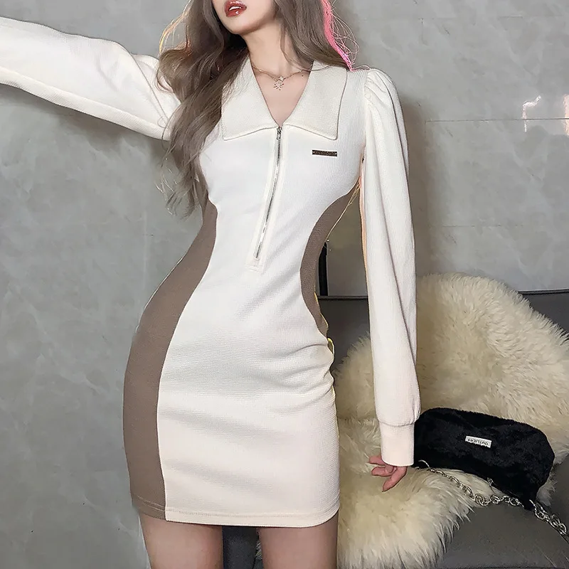 

2022 European and American Spring and Autumn New Women's Sexy Slim High Waist Fashion Contrast Color Lapel Long Sleeve Dress