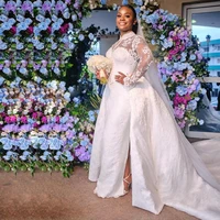 pretty high neck mermaid wedding dresses with detachable train illusion lace appliques long sleeves african bridal gowns