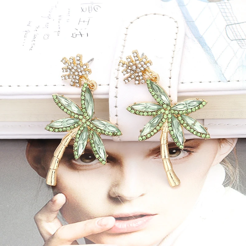 

New Crystal Colorful Charm Gold Earrings for Women Coconut Tree Korean Personality Exquisite Fashion Girl Beach Jewelry