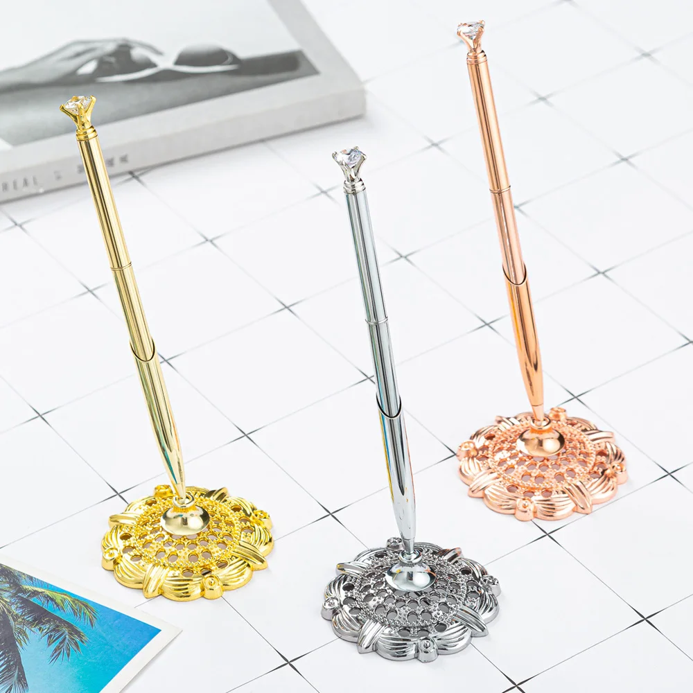 

50Pcs Guest Sign In Diamond Crystal Ballpoint And Pen Stand Set For Wedding Bridal Opening Ceremony Graduation Office Rose Gold