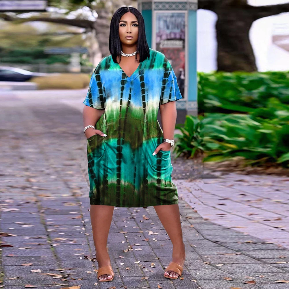 

Vintage Tie Dyeing Print Deep V Neck Casual Loose Dresses Women Casual Short Sleeve Ruched Dress Vestidos 2021 New