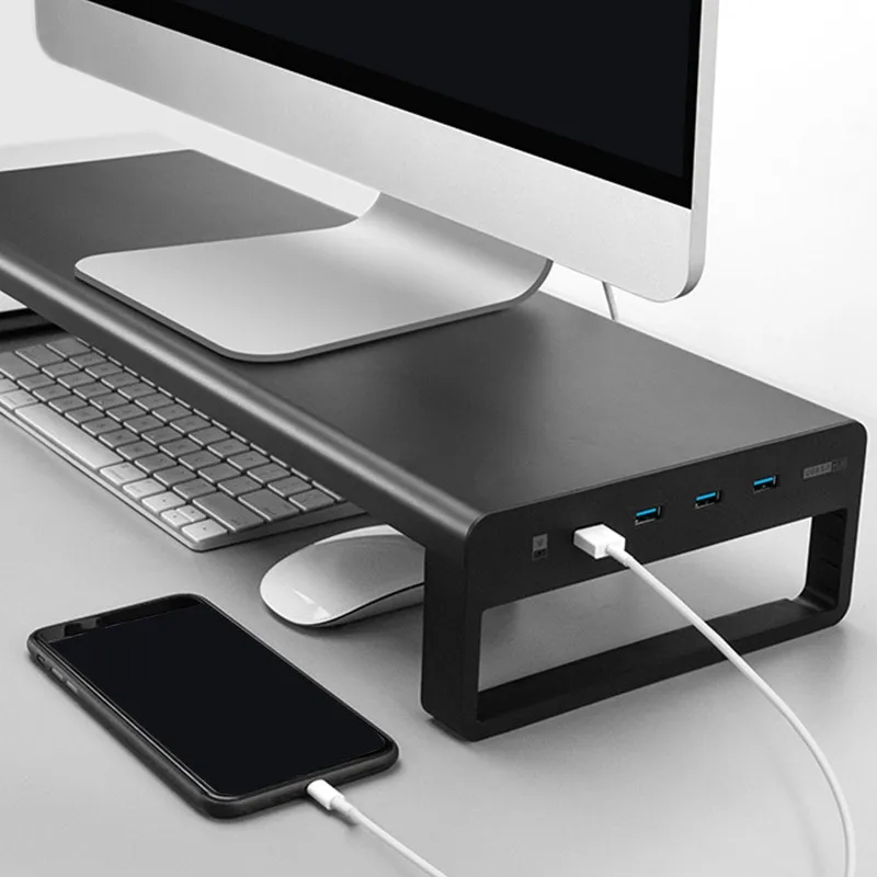 

USB 3.0 Aluminum Monitor Stand Metal Riser Support Transfer Data,Keyboard and Mouse Storage Desk Organizer up to 27inch for Lapt