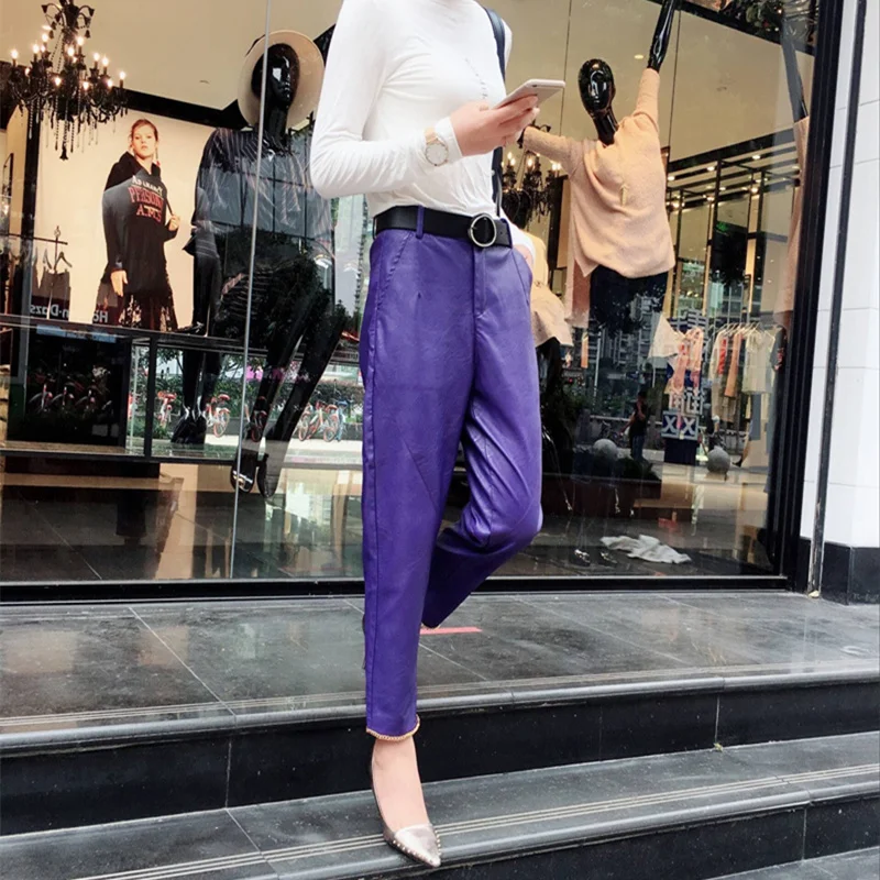 Брюки женские из искусственной кожи свободные приталенные штаны-султанки до