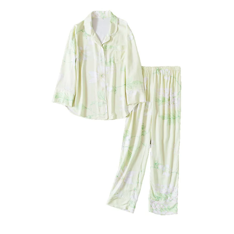 

Autumn Women Pajamas Long Sleeve Casual Sleepwear Viscose Print Pijamas Set 2 Piece Satin Lounge Wear Fashion Home Clothing 2020