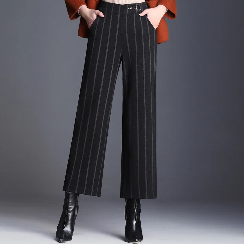 Black Big striped Офисная одежда женские шерстяные брюки осень зима широкие брюки плюс размер женские брюки эластичные с высокой талией женские свободные брюки - Цвет: Black Big striped