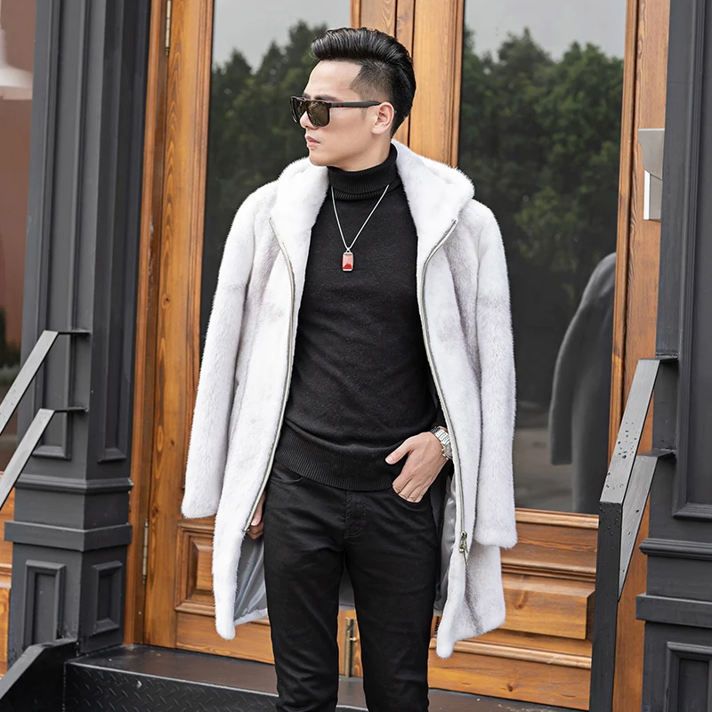 

2020 New Real Mink Fur Coat Men Long Winter Jacket Hooded Slim Mens Mink Jackets Luxury Coat Men Natural Fur 909 J3306