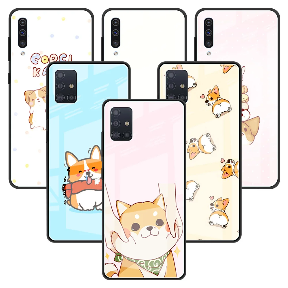 

Glass Phone Case For Samsung Galaxy A51 A50 A71 A52 A70 A21s A72 A31 M31 M51 A30 A10 Tempered Back Capa Cute Corgi Dog