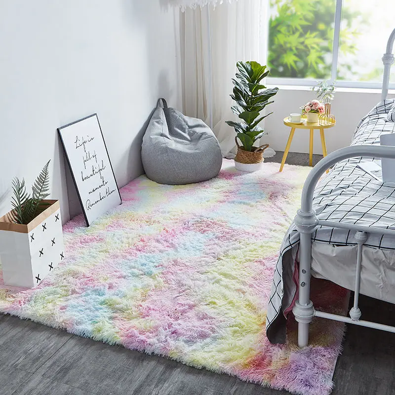 

New Rainbow Colors Carpets Tie Dyeing Plush Soft Carpets For Bedroom Living Room Anti-slip Floor Mats Kids Room Carpet Rugs