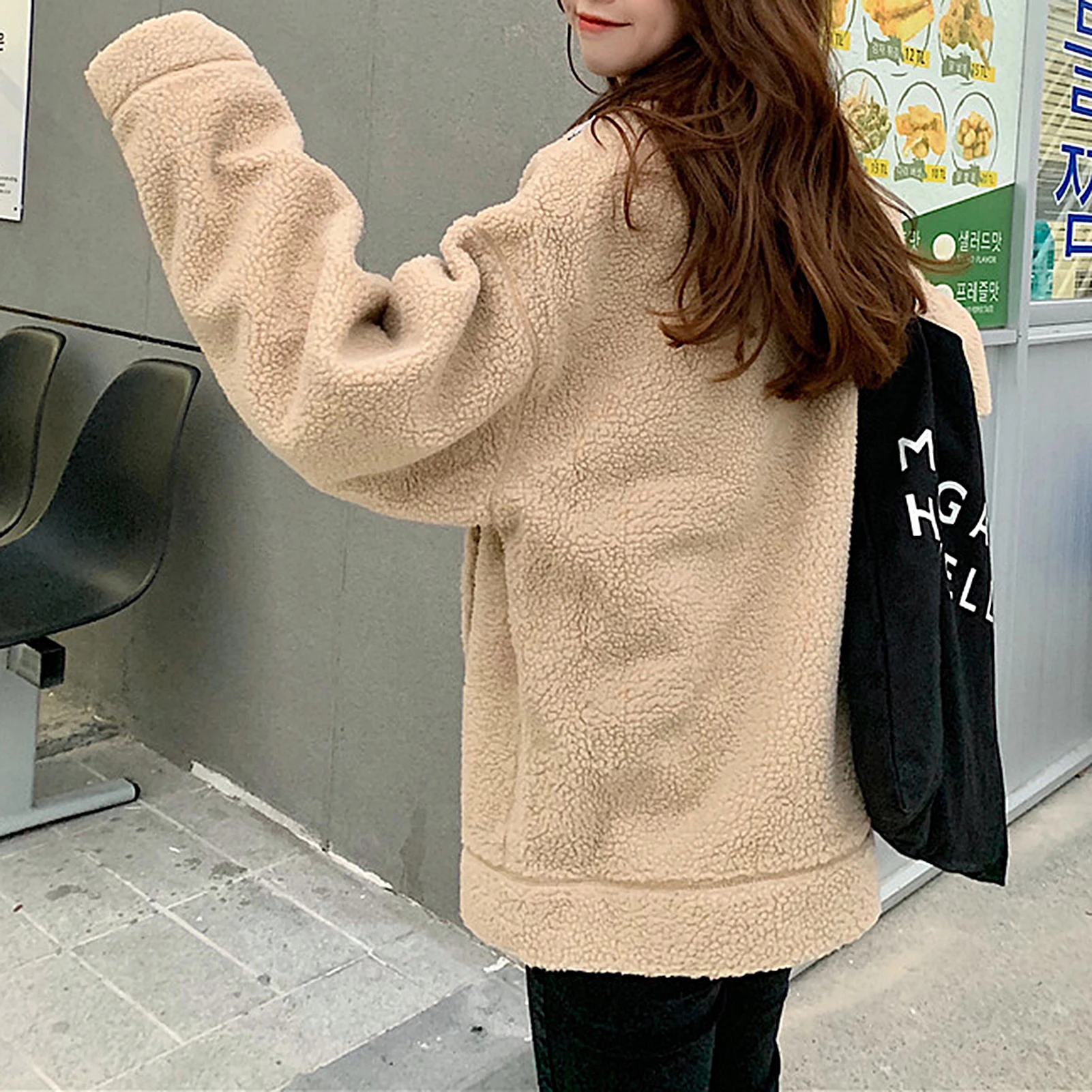

2020 Soild Harajuku Jackets Coat Women Stand Collar Long Sleeve Outfits Loose Zipper Big Pockets Faux Fleece Warm Coat Outwear