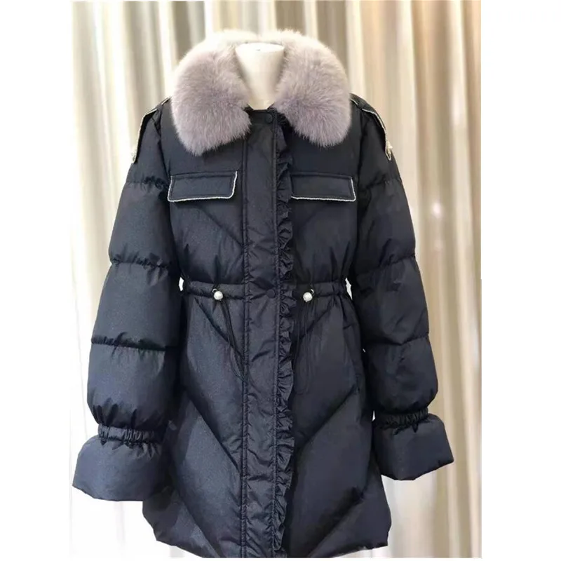 

New Winter Fox Fur Collar Down Jacket Thick Women Feather Parkas White Duck Down Coat Waist Retractable Outwear s1813