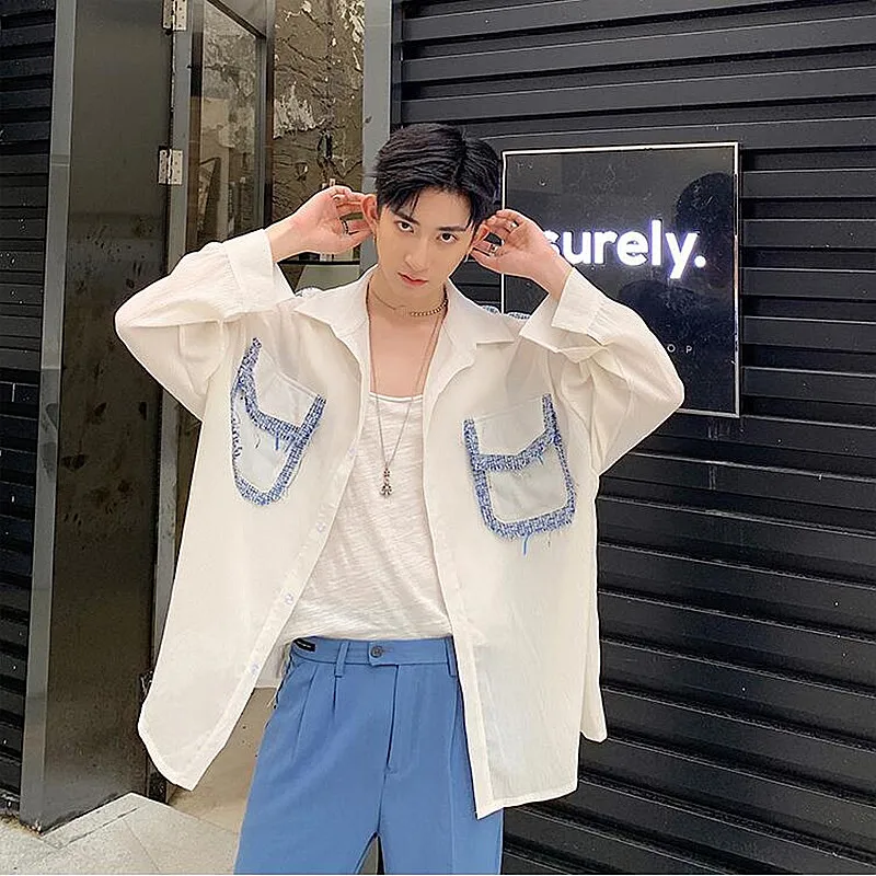 Большой карман лоскутное дизайн рубашки для мужчин с длинным рукавом Свободные