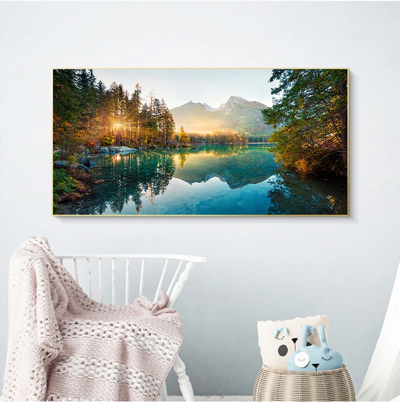 

Modern Posters Prints Nature Landscape Canvas Painting Sunshine Forest Lake Pictures for Living Bedroom Wall Art Home Decor